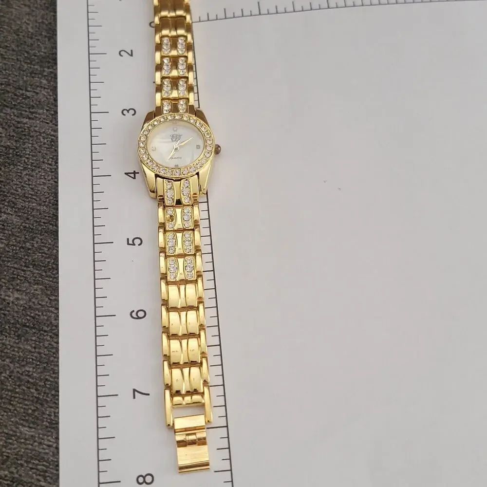Vintage EJ Womens Watch White Dial Gold Case Crystal Bezel Bracelet Quartz